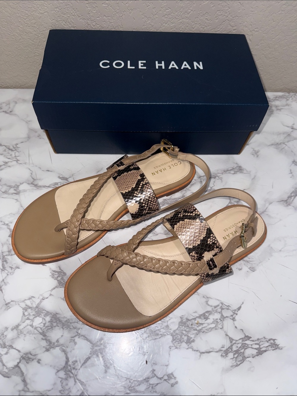 Cole Haan Anica Taupe Snake-Print Braided Thong Sandals 7.5 NIB